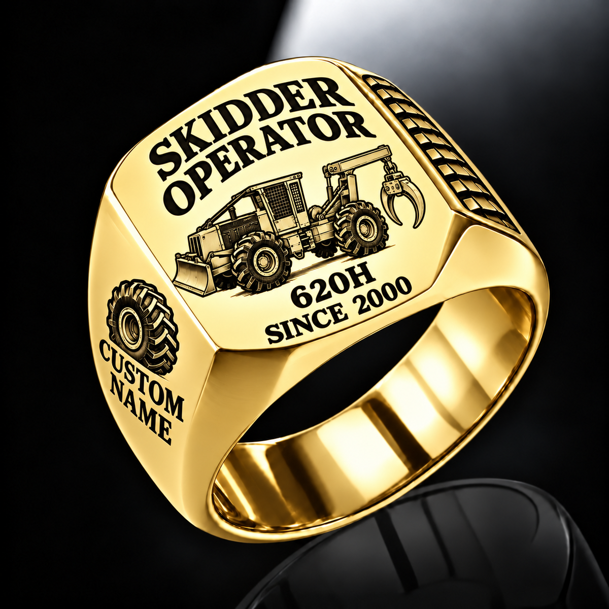 Tigercat 620H Skidder Operator Ring in Gold finish, flat engraving showing rear timber grapple and front push blade, CUSTOM NAME and SINCE 2000.
