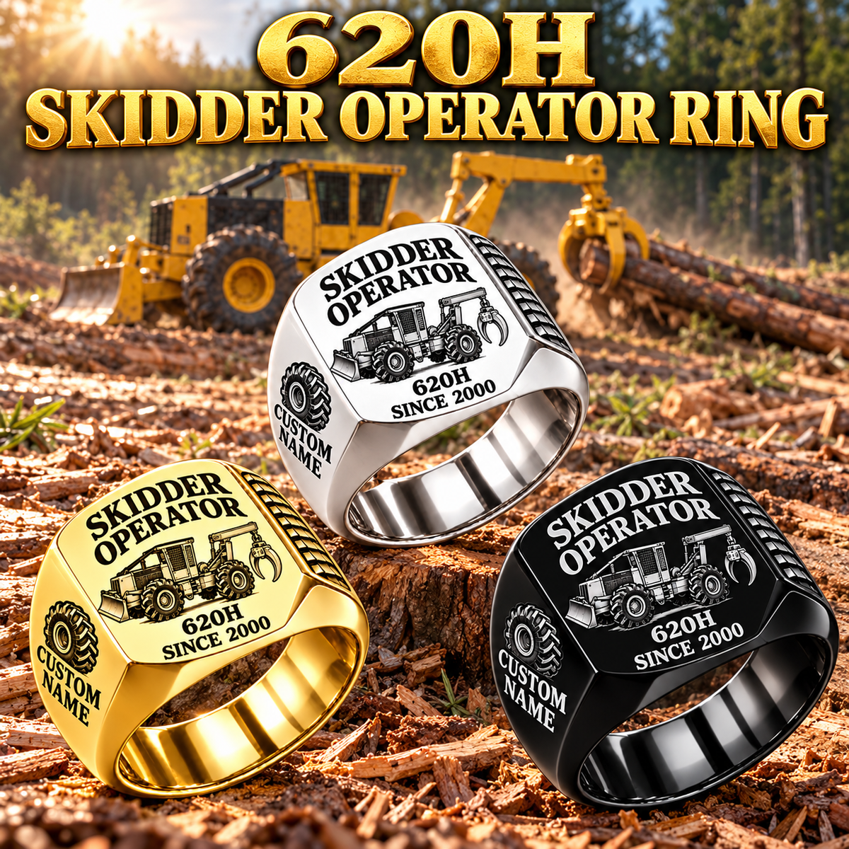 Tigercat 620H Skidder Operator Ring: Silver, Gold and Black signet rings with flat machine engraving, CUSTOM NAME and SINCE 2000.