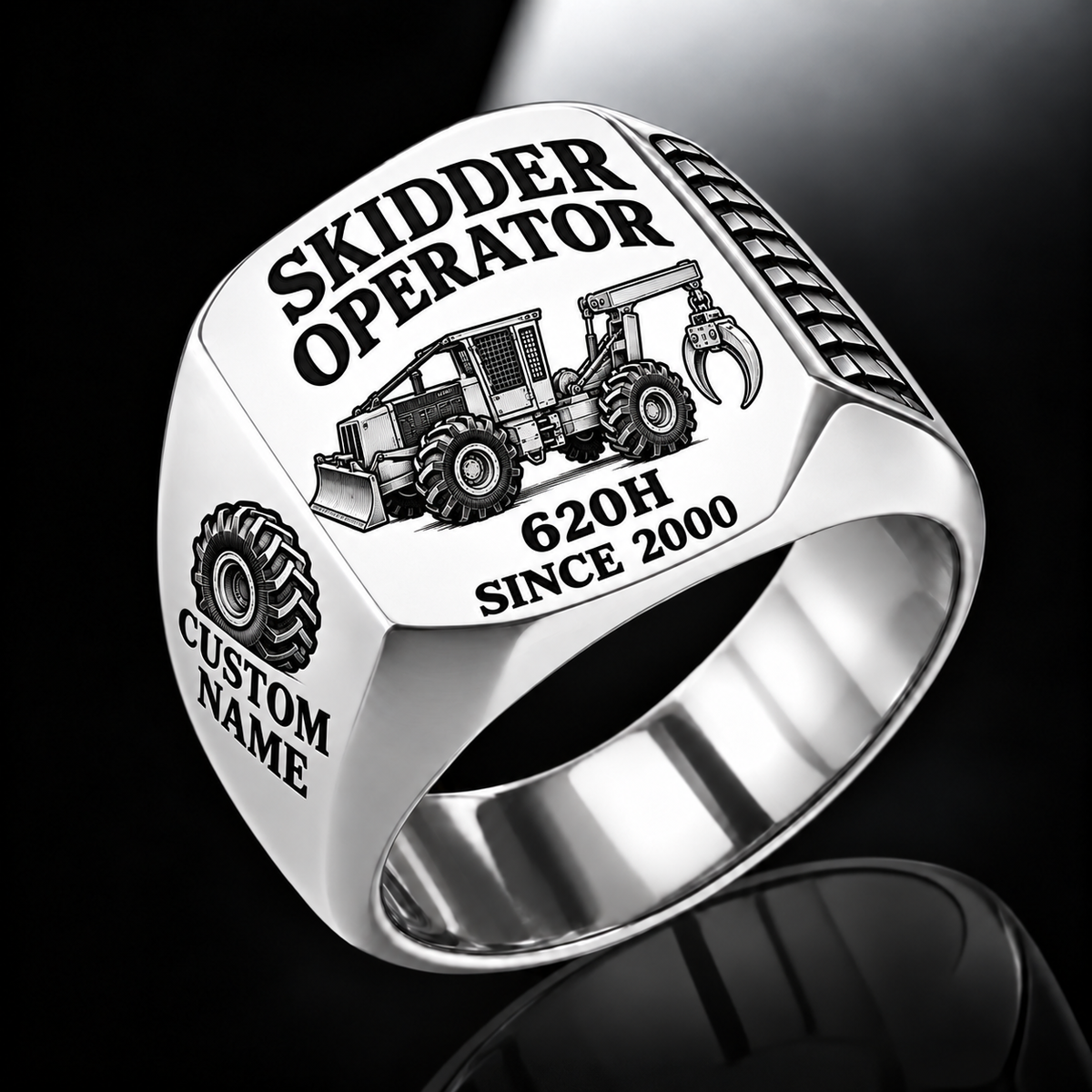 Tigercat 620H Skidder Operator Ring in Silver finish, flat engraving showing rear timber grapple and front push blade, CUSTOM NAME and SINCE 2000.