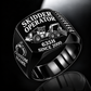 Tigercat 635H Skidder Operator Ring in Black finish, flat engraving showing rear timber grapple and front push blade, CUSTOM NAME and SINCE 2000.