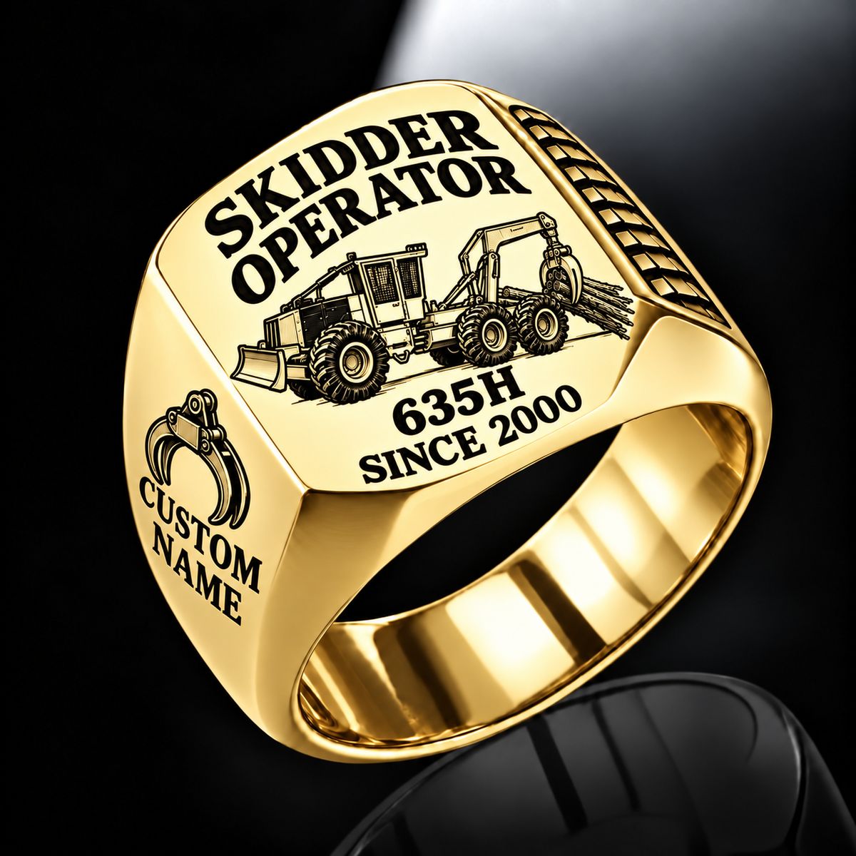 Tigercat 635H Skidder Operator Ring in Gold finish, flat engraving showing rear timber grapple and front push blade, CUSTOM NAME and SINCE 2000.
