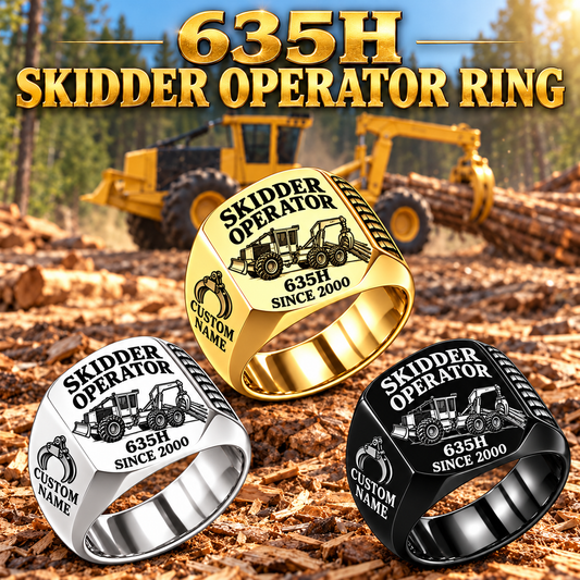 Tigercat 635H Skidder Operator Ring: Silver, Gold and Black signet rings with flat machine engraving, CUSTOM NAME and SINCE 2000.