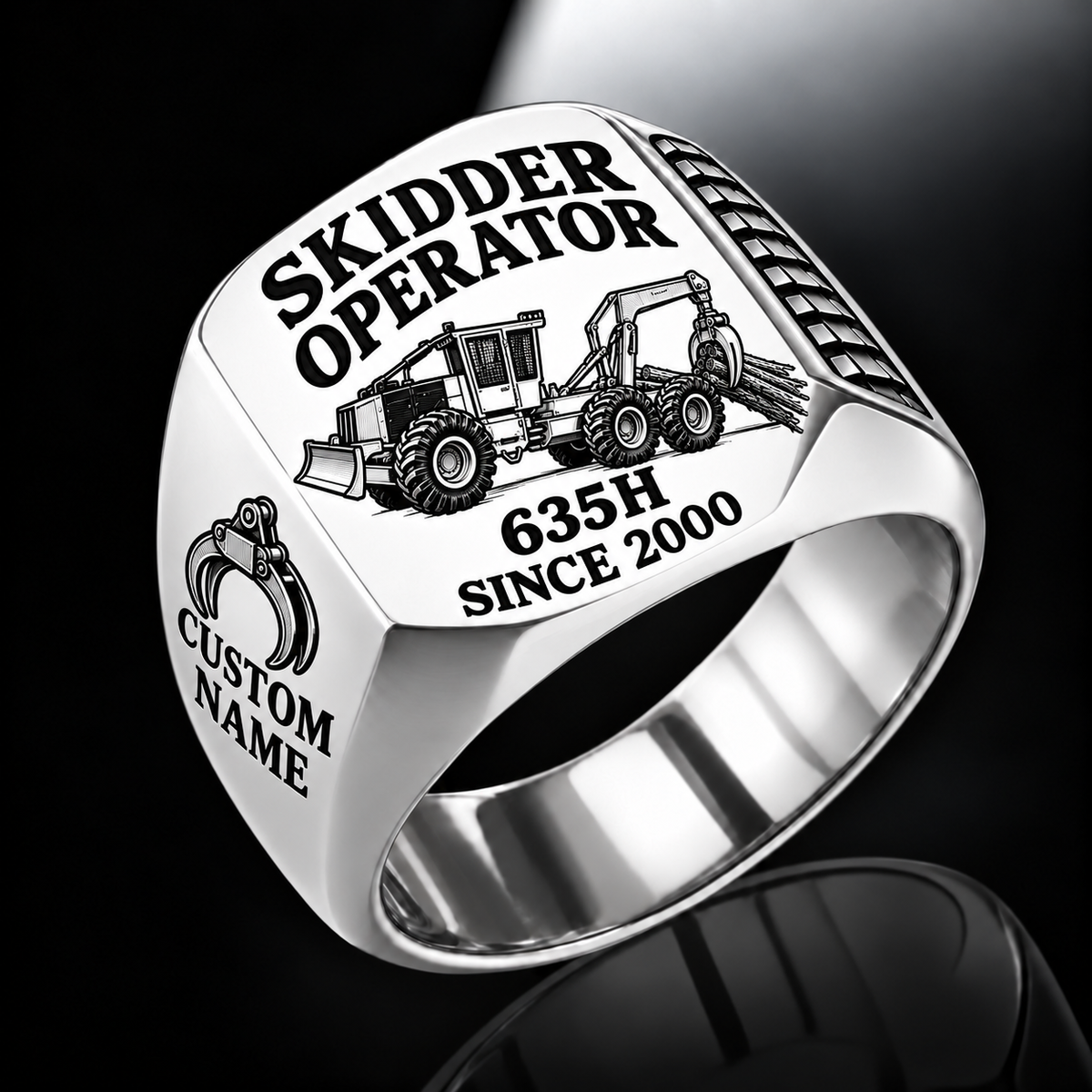 Tigercat 635H Skidder Operator Ring in Silver finish, flat engraving showing rear timber grapple and front push blade, CUSTOM NAME and SINCE 2000.