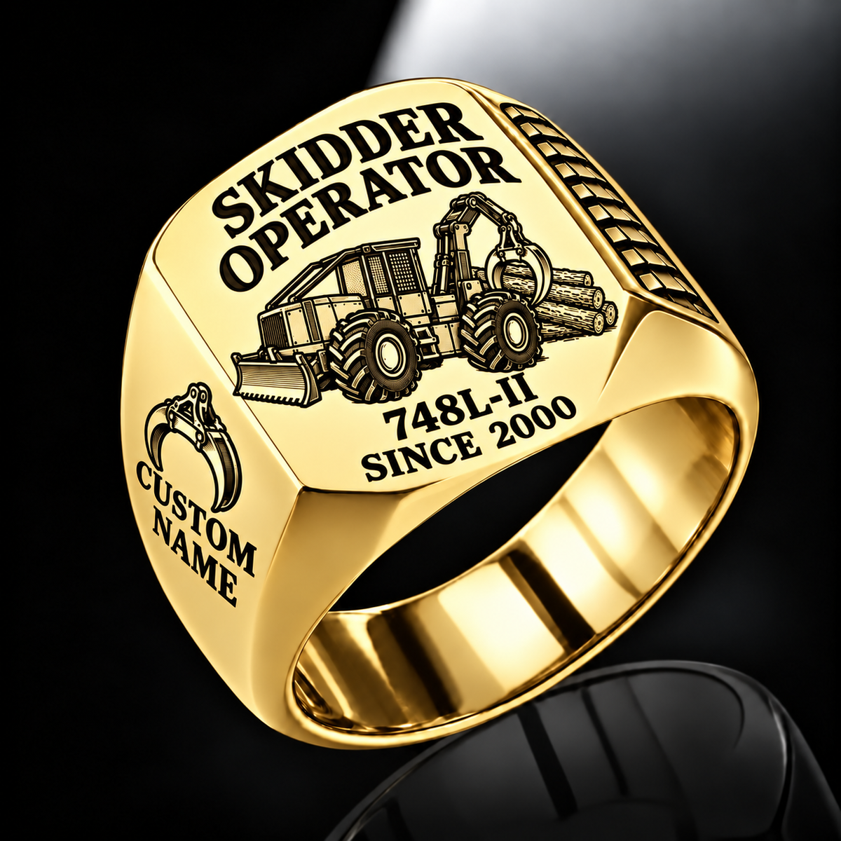 John Deere 748L-II Skidder Operator Ring in Gold finish, flat engraving showing rear timber grapple and front push blade, CUSTOM NAME and SINCE 2000.