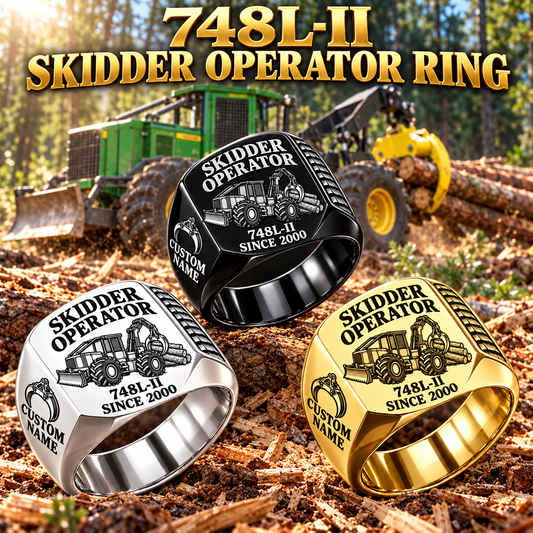 John Deere 748L-II Skidder Operator Ring: Silver, Gold and Black signet rings with flat machine engraving, CUSTOM NAME and SINCE 2000.