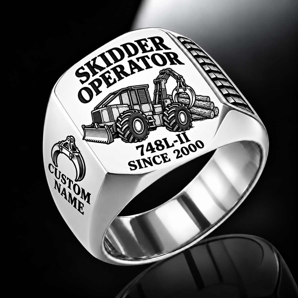 John Deere 748L-II Skidder Operator Ring in Silver finish, flat engraving showing rear timber grapple and front push blade, CUSTOM NAME and SINCE 2000.