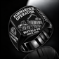 Ponsse Buffalo 8W Forwarder Operator Ring in Black finish, flat engraving showing plain log grapple and loaded stake-sided timber bunk, CUSTOM NAME and SINCE 2000.