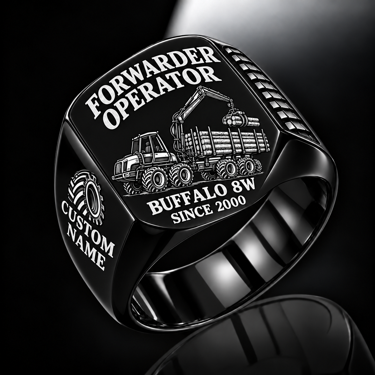 Ponsse Buffalo 8W Forwarder Operator Ring in Black finish, flat engraving showing plain log grapple and loaded stake-sided timber bunk, CUSTOM NAME and SINCE 2000.
