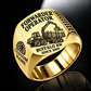 Ponsse Buffalo 8W Forwarder Operator Ring in Gold finish, flat engraving showing plain log grapple and loaded stake-sided timber bunk, CUSTOM NAME and SINCE 2000.