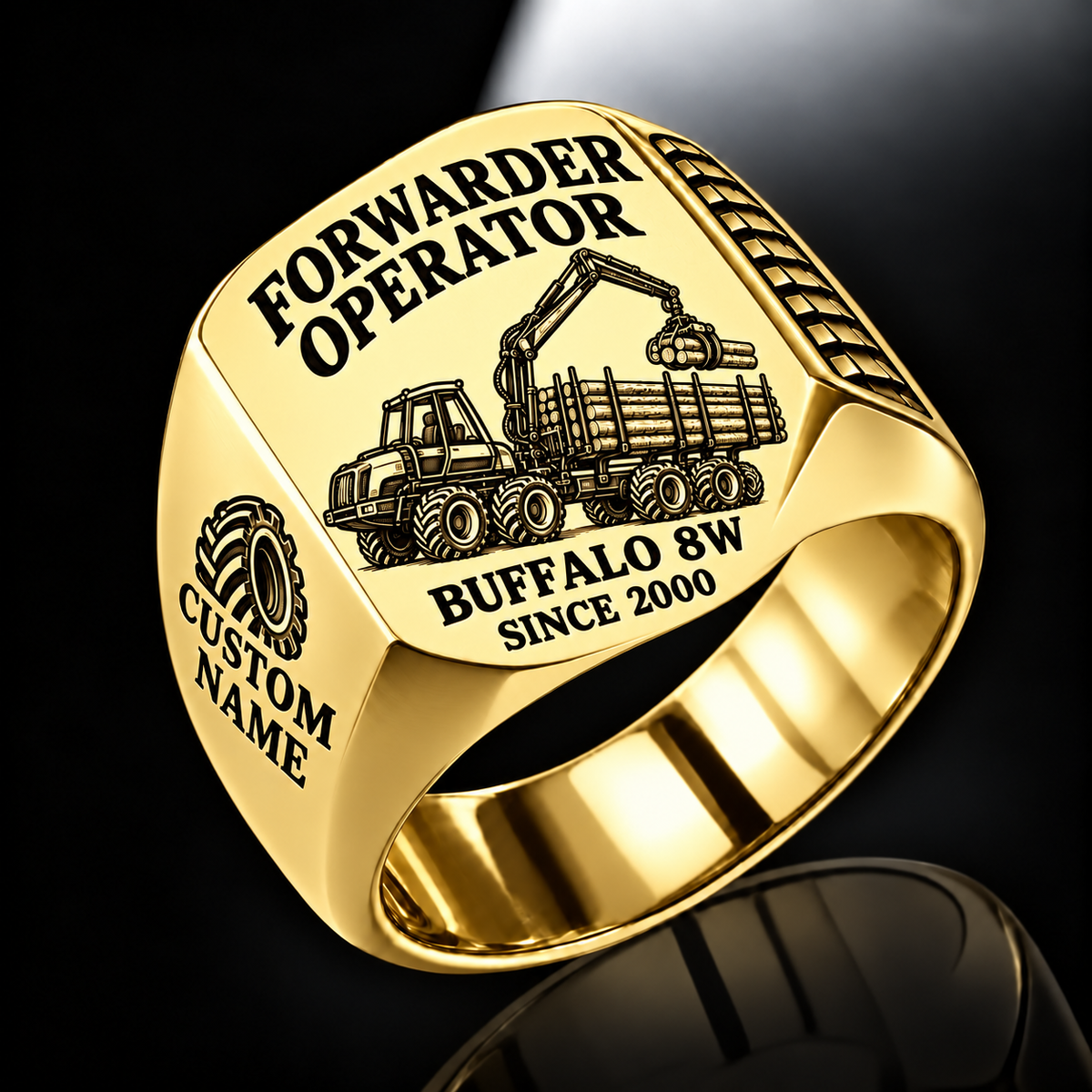 Ponsse Buffalo 8W Forwarder Operator Ring in Gold finish, flat engraving showing plain log grapple and loaded stake-sided timber bunk, CUSTOM NAME and SINCE 2000.