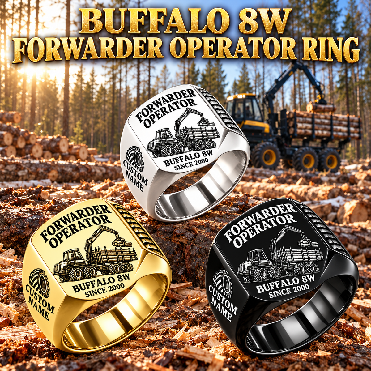 Ponsse Buffalo 8W Forwarder Operator Ring: Silver, Gold and Black signet rings with flat machine engraving, CUSTOM NAME and SINCE 2000.