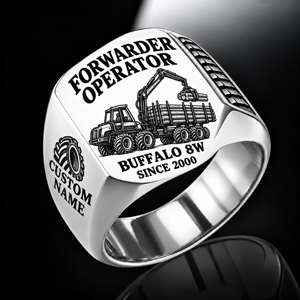 Ponsse Buffalo 8W Forwarder Operator Ring in Silver finish, flat engraving showing plain log grapple and loaded stake-sided timber bunk, CUSTOM NAME and SINCE 2000.
