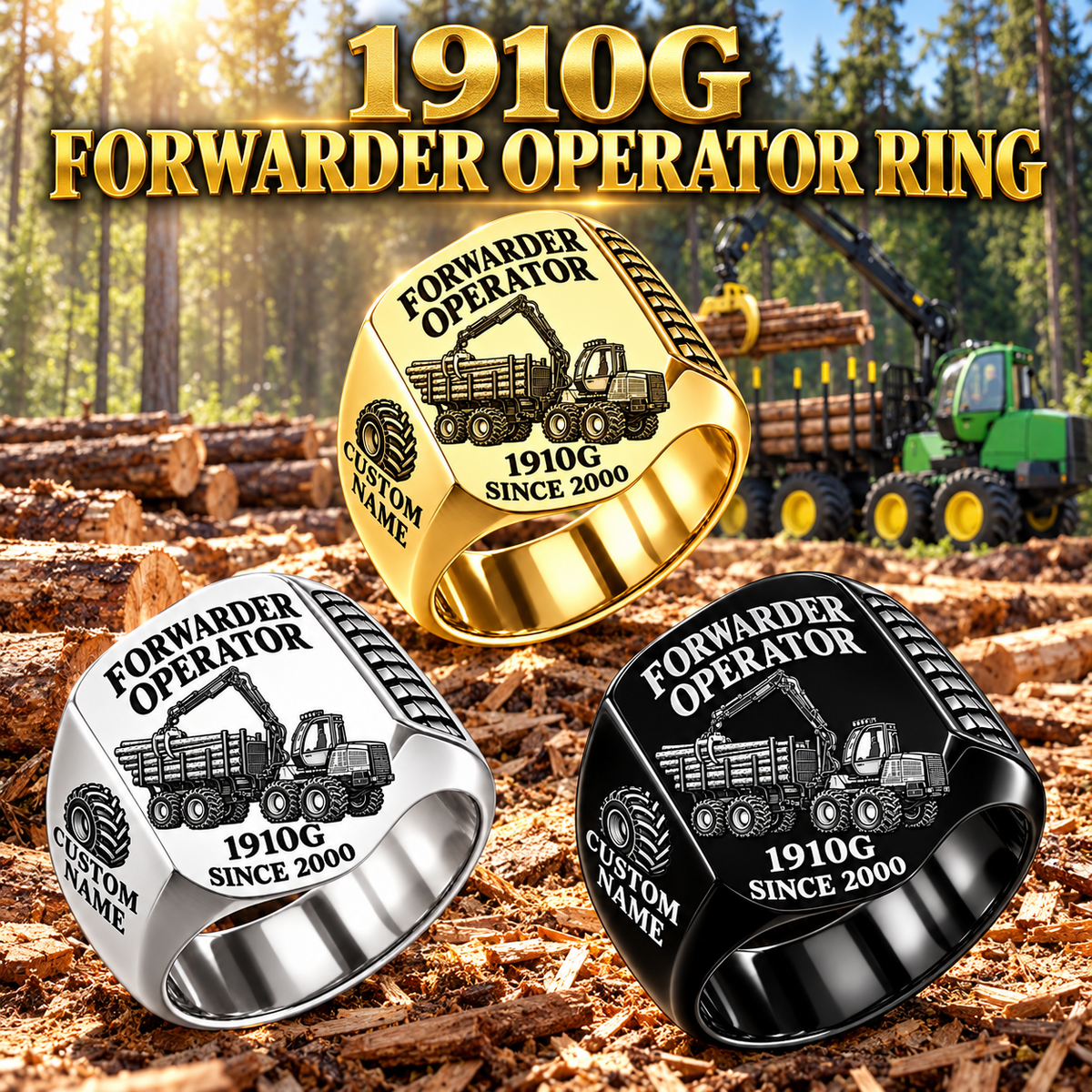 John Deere 1910G Forwarder Operator Ring: Silver, Gold and Black signet rings with flat machine engraving, CUSTOM NAME and SINCE 2000.