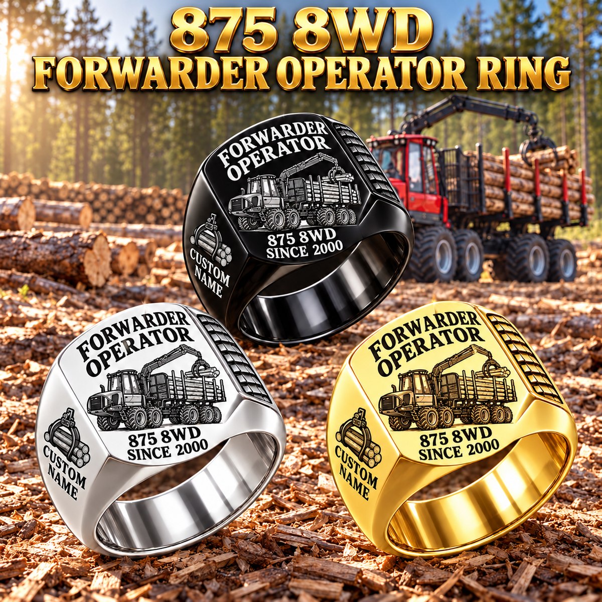 Komatsu 875 8WD Forwarder Operator Ring: Silver, Gold and Black signet rings with flat machine engraving, CUSTOM NAME and SINCE 2000.