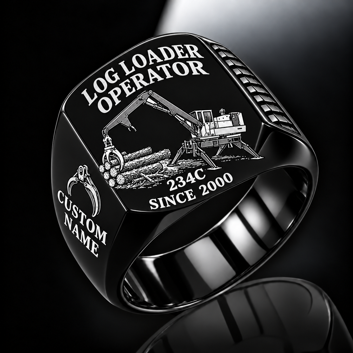 Tigercat 234C Log Loader Operator Ring in Black finish, flat engraving showing plain two-jaw log grapple on a loading boom, CUSTOM NAME and SINCE 2000.