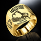 Tigercat 234C Log Loader Operator Ring in Gold finish, flat engraving showing plain two-jaw log grapple on a loading boom, CUSTOM NAME and SINCE 2000.