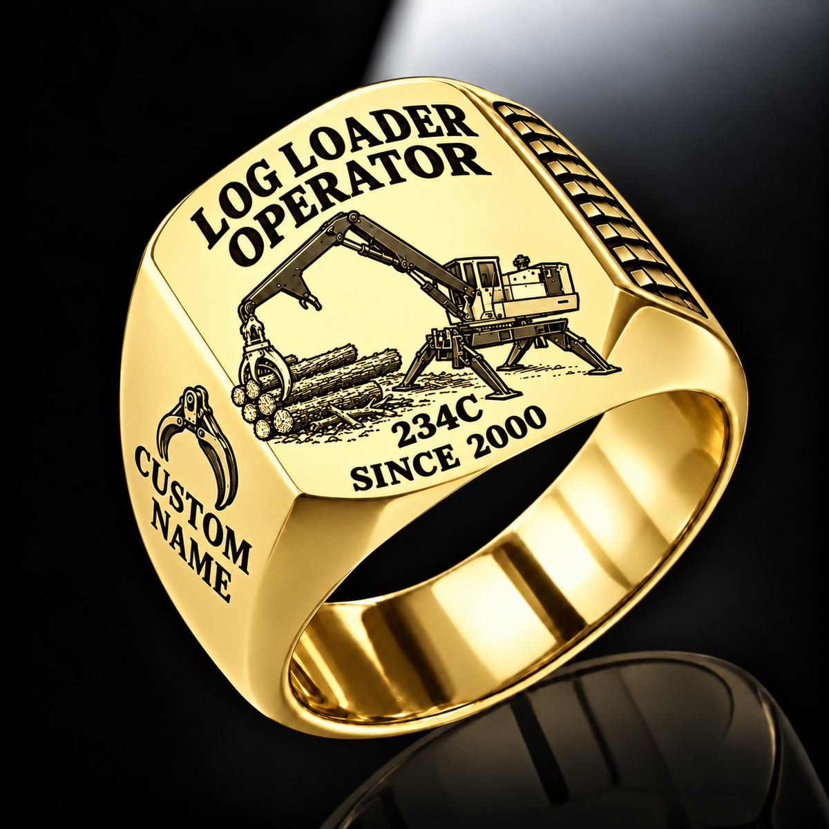 Tigercat 234C Log Loader Operator Ring in Gold finish, flat engraving showing plain two-jaw log grapple on a loading boom, CUSTOM NAME and SINCE 2000.