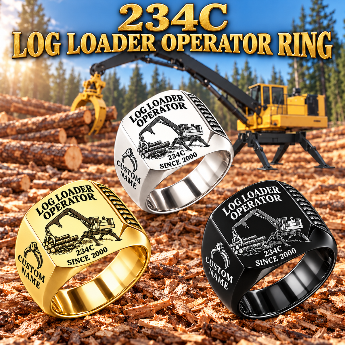 Tigercat 234C Log Loader Operator Ring: Silver, Gold and Black signet rings with flat machine engraving, CUSTOM NAME and SINCE 2000.