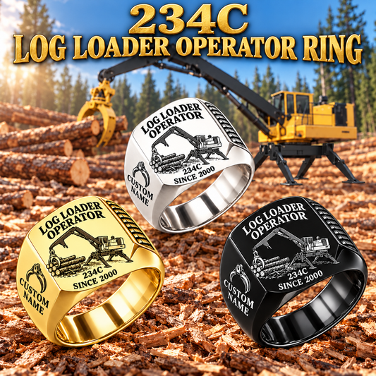 Tigercat 234C Log Loader Operator Ring: Silver, Gold and Black signet rings with flat machine engraving, CUSTOM NAME and SINCE 2000.