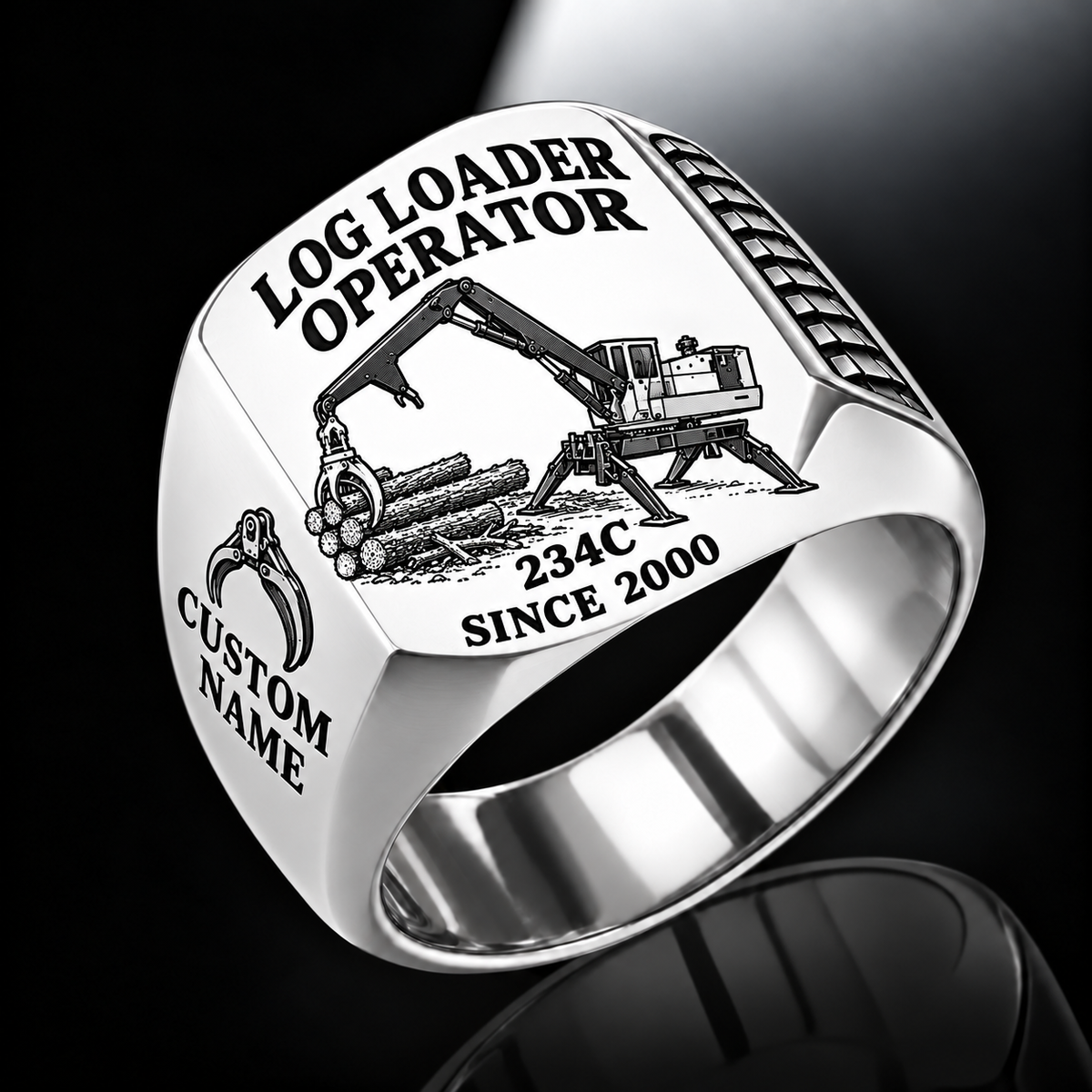 Tigercat 234C Log Loader Operator Ring in Silver finish, flat engraving showing plain two-jaw log grapple on a loading boom, CUSTOM NAME and SINCE 2000.