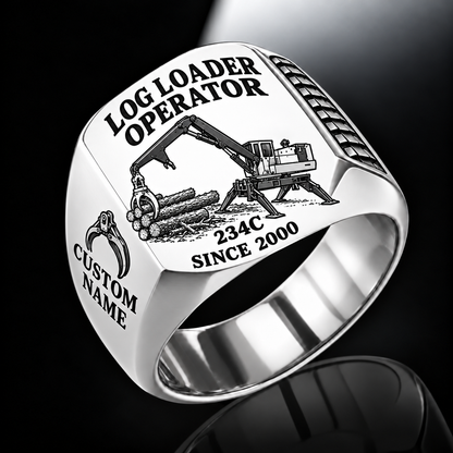 Tigercat 234C Log Loader Operator Ring in Silver finish, flat engraving showing plain two-jaw log grapple on a loading boom, CUSTOM NAME and SINCE 2000.