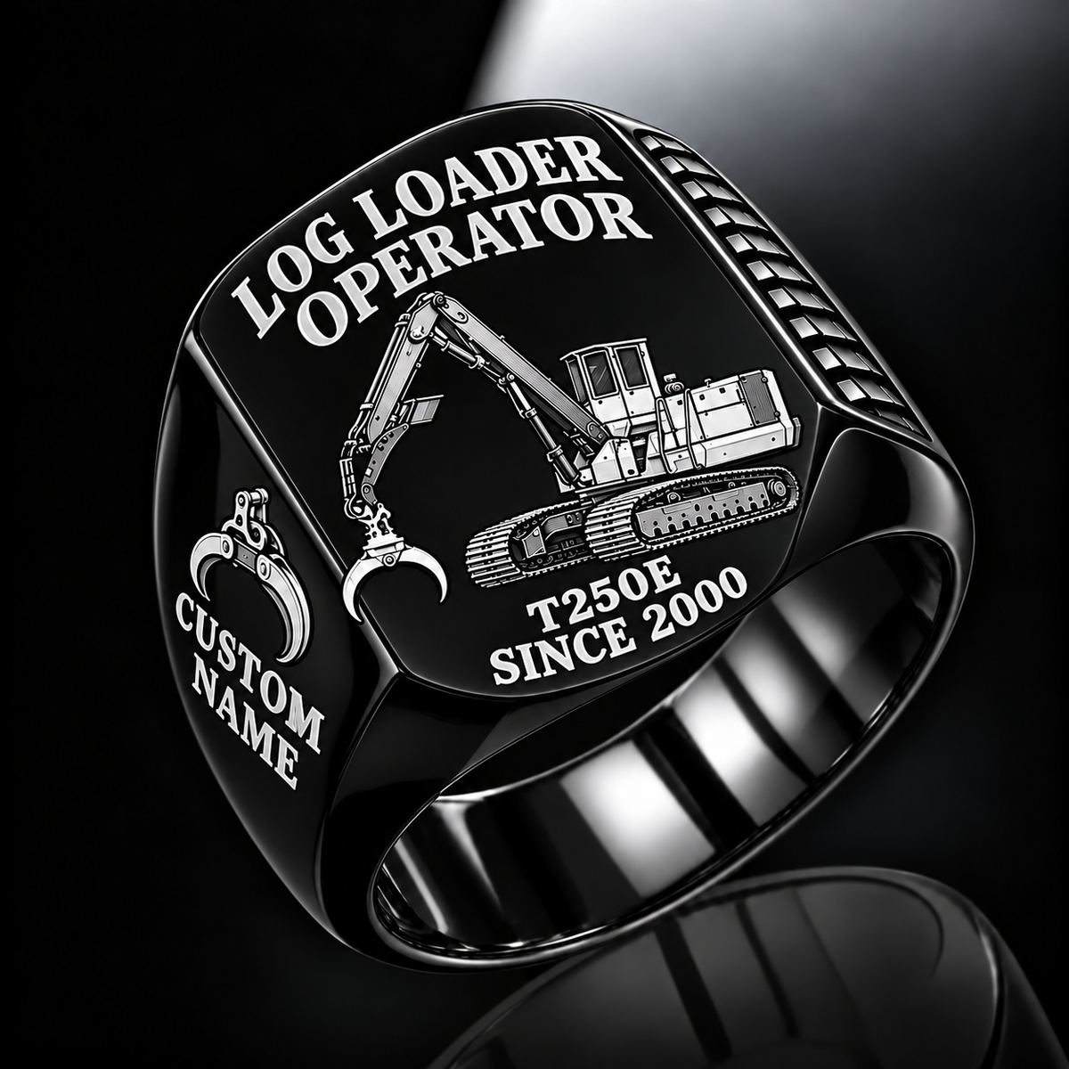 Tigercat T250E Log Loader Operator Ring in Black finish, flat engraving showing plain two-jaw log grapple on a loading boom, CUSTOM NAME and SINCE 2000.