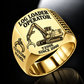 Tigercat T250E Log Loader Operator Ring in Gold finish, flat engraving showing plain two-jaw log grapple on a loading boom, CUSTOM NAME and SINCE 2000.