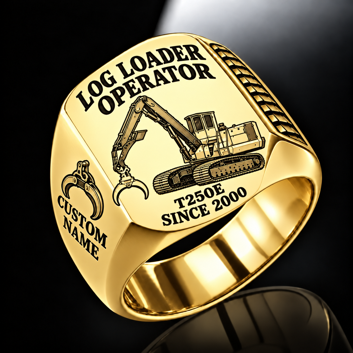 Tigercat T250E Log Loader Operator Ring in Gold finish, flat engraving showing plain two-jaw log grapple on a loading boom, CUSTOM NAME and SINCE 2000.