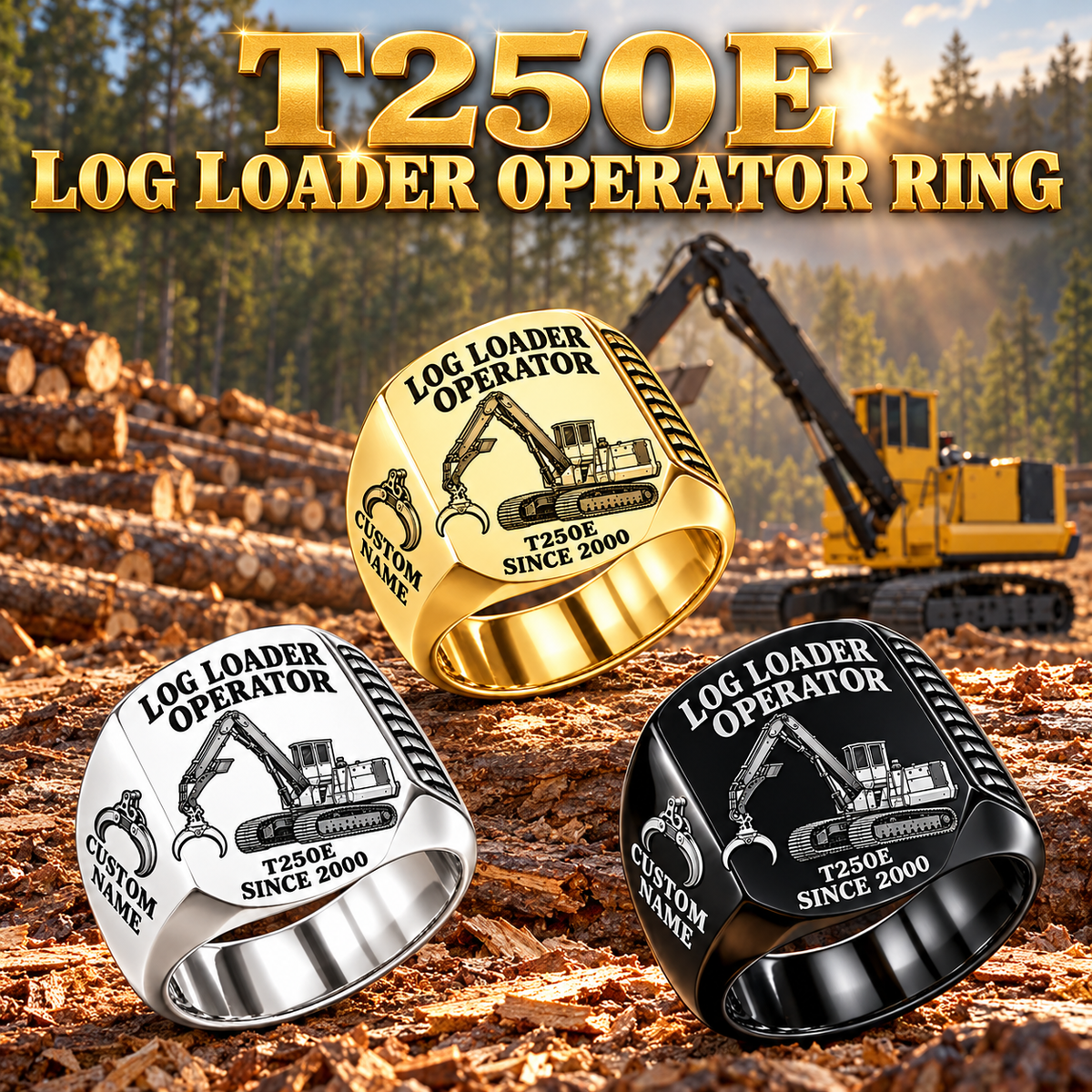 Tigercat T250E Log Loader Operator Ring: Silver, Gold and Black signet rings with flat machine engraving, CUSTOM NAME and SINCE 2000.