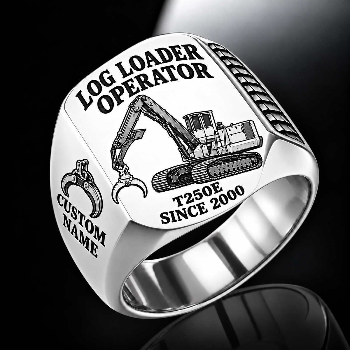 Tigercat T250E Log Loader Operator Ring in Silver finish, flat engraving showing plain two-jaw log grapple on a loading boom, CUSTOM NAME and SINCE 2000.