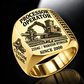 John Deere 2154G with Waratah HTH622B Processor Operator Ring in Gold finish, flat engraving showing roller-and-knife head feeding a horizontal felled log, CUSTOM NAME and SINCE 2000.