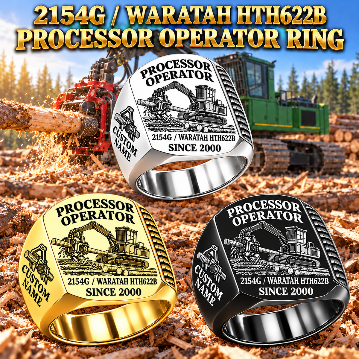 John Deere 2154G with Waratah HTH622B Processor Operator Ring: Silver, Gold and Black signet rings with flat machine engraving, CUSTOM NAME and SINCE 2000.