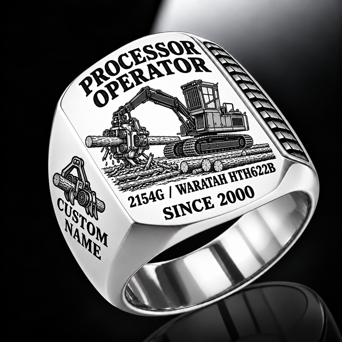 John Deere 2154G with Waratah HTH622B Processor Operator Ring in Silver finish, flat engraving showing roller-and-knife head feeding a horizontal felled log, CUSTOM NAME and SINCE 2000.