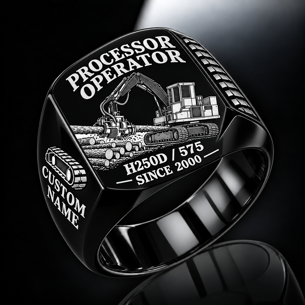 Tigercat H250D with 575 Processor Operator Ring in Black finish, flat engraving showing roller-and-knife head feeding a horizontal felled log, CUSTOM NAME and SINCE 2000.