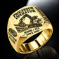 Tigercat H250D with 575 Processor Operator Ring in Gold finish, flat engraving showing roller-and-knife head feeding a horizontal felled log, CUSTOM NAME and SINCE 2000.