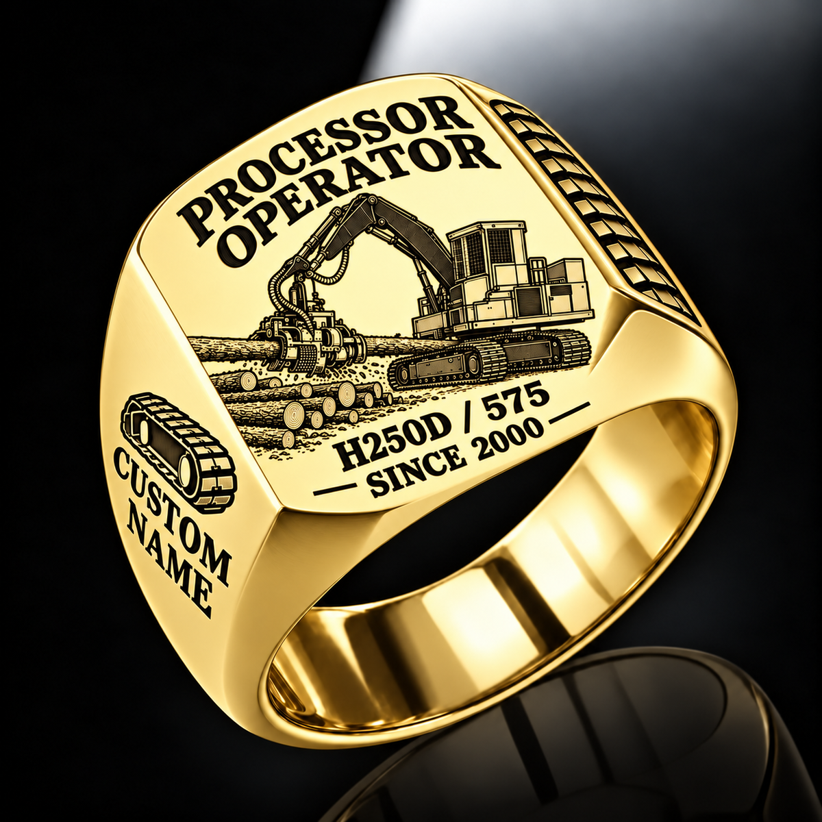 Tigercat H250D with 575 Processor Operator Ring in Gold finish, flat engraving showing roller-and-knife head feeding a horizontal felled log, CUSTOM NAME and SINCE 2000.