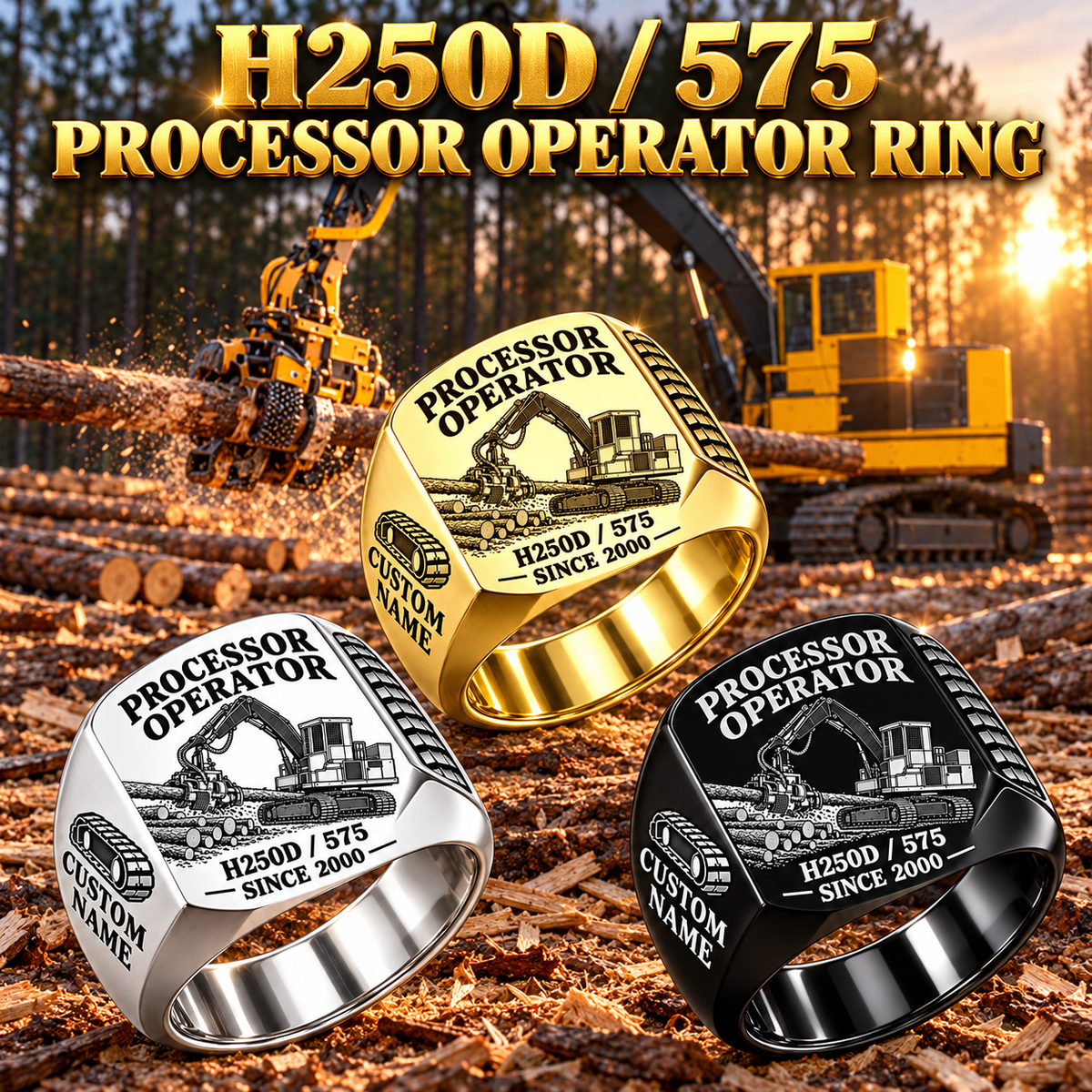 Tigercat H250D with 575 Processor Operator Ring: Silver, Gold and Black signet rings with flat machine engraving, CUSTOM NAME and SINCE 2000.