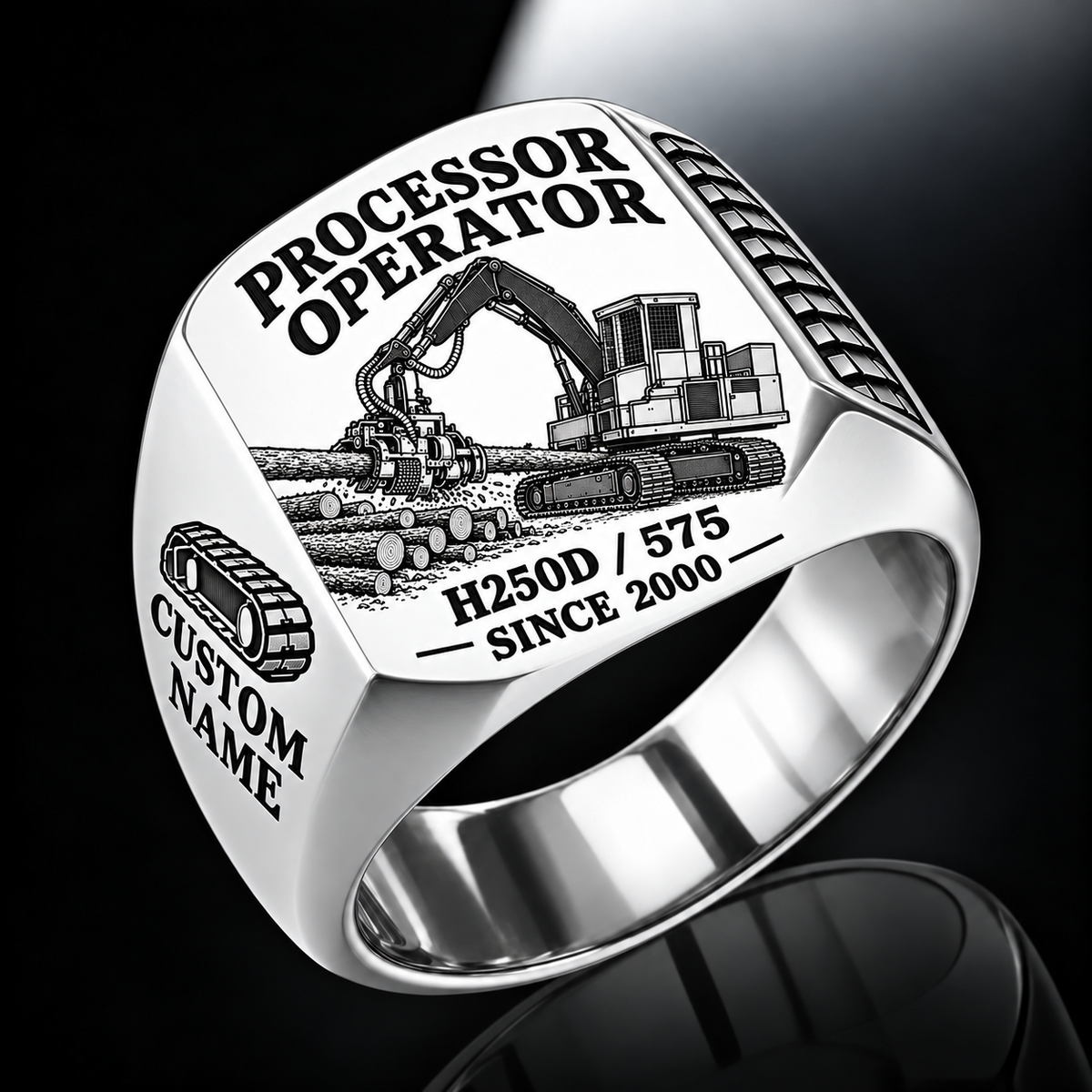 Tigercat H250D with 575 Processor Operator Ring in Silver finish, flat engraving showing roller-and-knife head feeding a horizontal felled log, CUSTOM NAME and SINCE 2000.
