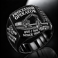 Tigercat 850 with 568 Processor Operator Ring in Black finish, flat engraving showing roller-and-knife head feeding a horizontal felled log, CUSTOM NAME and SINCE 2000.