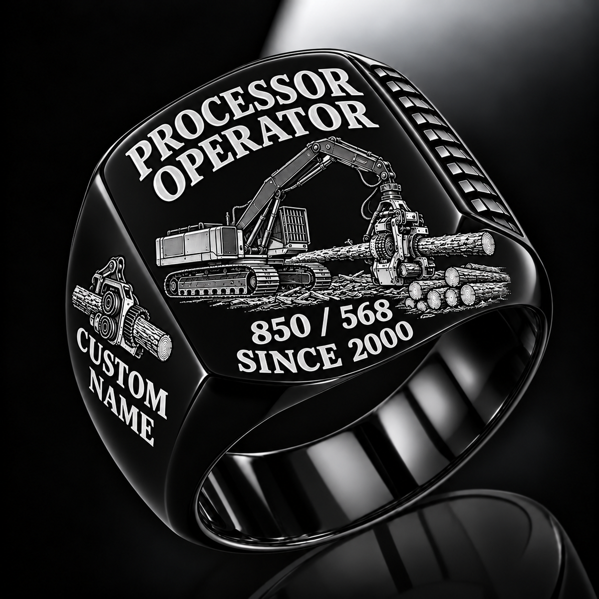 Tigercat 850 with 568 Processor Operator Ring in Black finish, flat engraving showing roller-and-knife head feeding a horizontal felled log, CUSTOM NAME and SINCE 2000.
