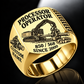 Tigercat 850 with 568 Processor Operator Ring in Gold finish, flat engraving showing roller-and-knife head feeding a horizontal felled log, CUSTOM NAME and SINCE 2000.