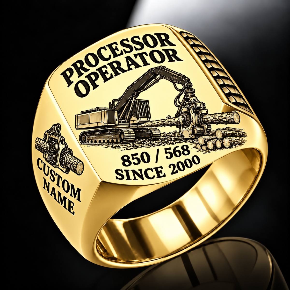 Tigercat 850 with 568 Processor Operator Ring in Gold finish, flat engraving showing roller-and-knife head feeding a horizontal felled log, CUSTOM NAME and SINCE 2000.
