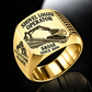 Tigercat S855E Shovel Logger Operator Ring in Gold finish, flat engraving showing connected live-heel frame and timber grapple supporting a whole stem, CUSTOM NAME and SINCE 2000.