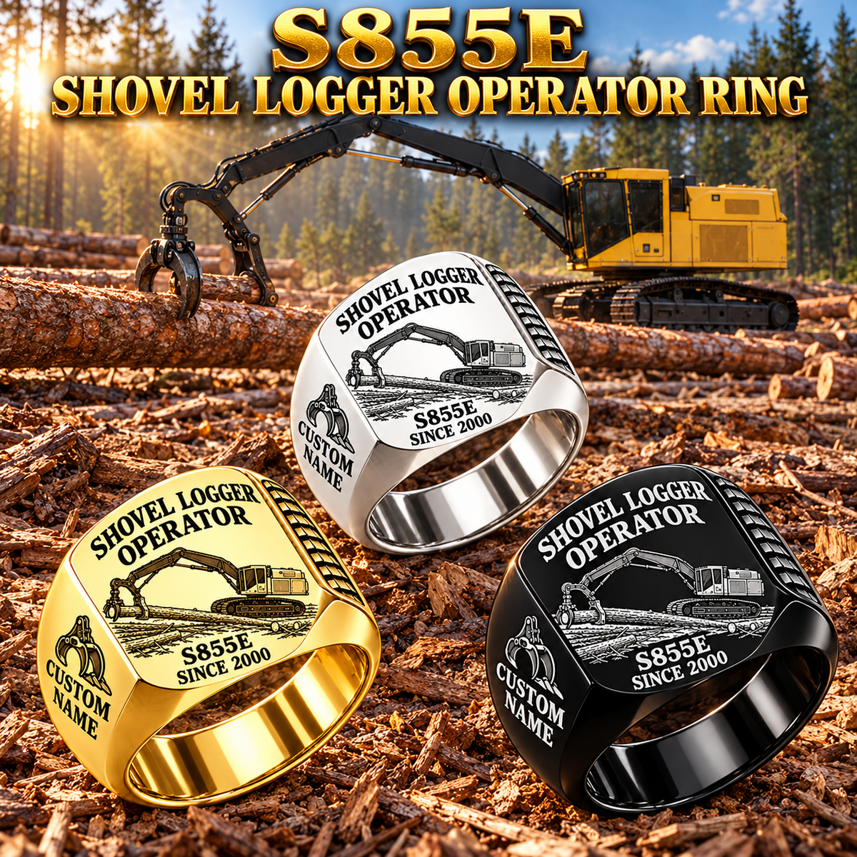 Tigercat S855E Shovel Logger Operator Ring: Silver, Gold and Black signet rings with flat machine engraving, CUSTOM NAME and SINCE 2000.