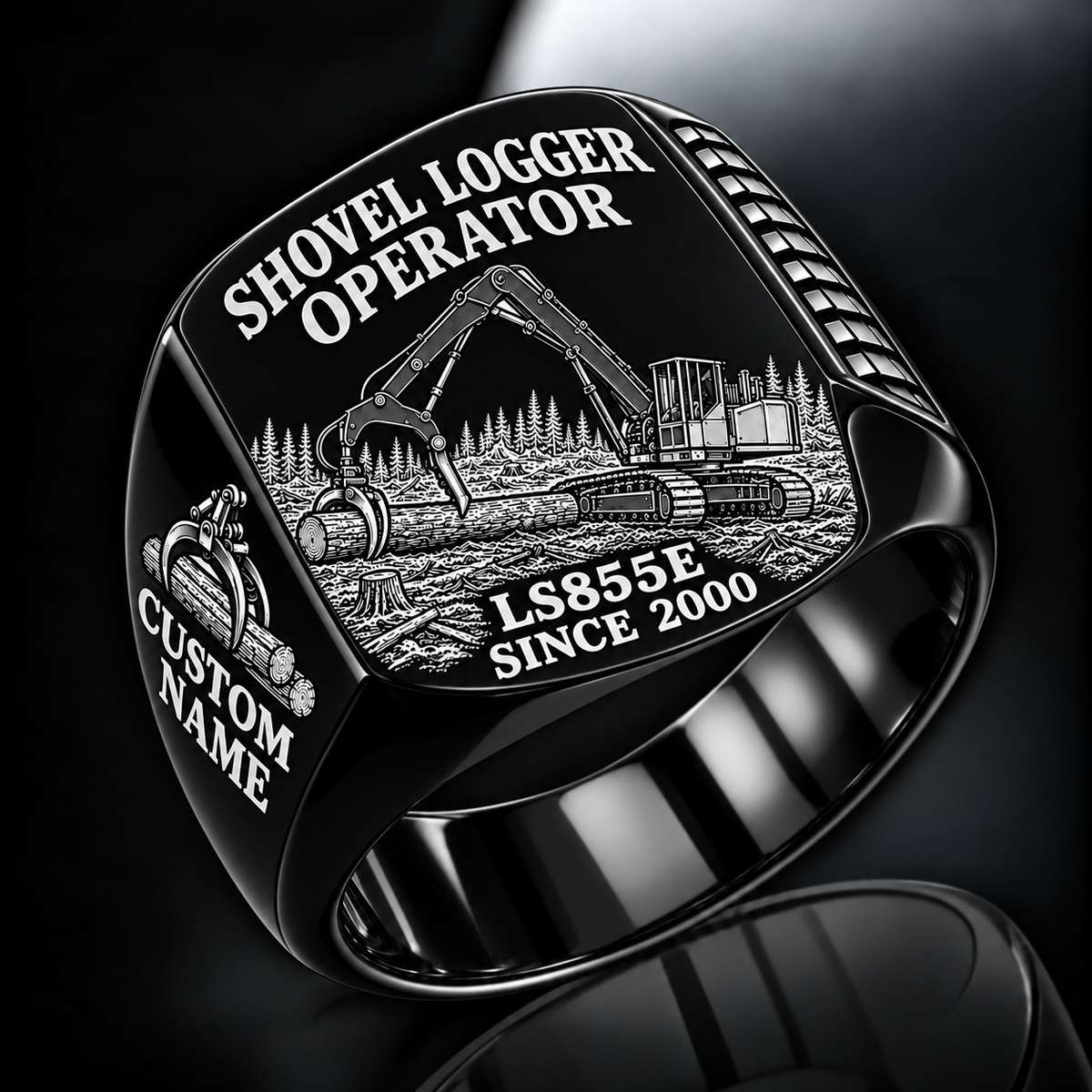 Tigercat LS855E Shovel Logger Operator Ring in Black finish, flat engraving showing connected live-heel frame and timber grapple supporting a whole stem, CUSTOM NAME and SINCE 2000.
