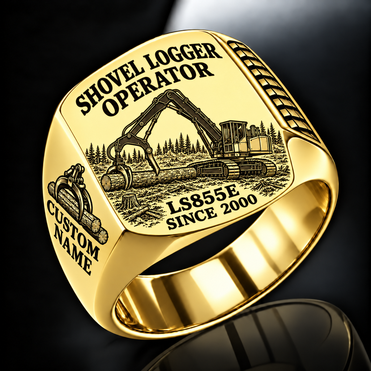 Tigercat LS855E Shovel Logger Operator Ring in Gold finish, flat engraving showing connected live-heel frame and timber grapple supporting a whole stem, CUSTOM NAME and SINCE 2000.