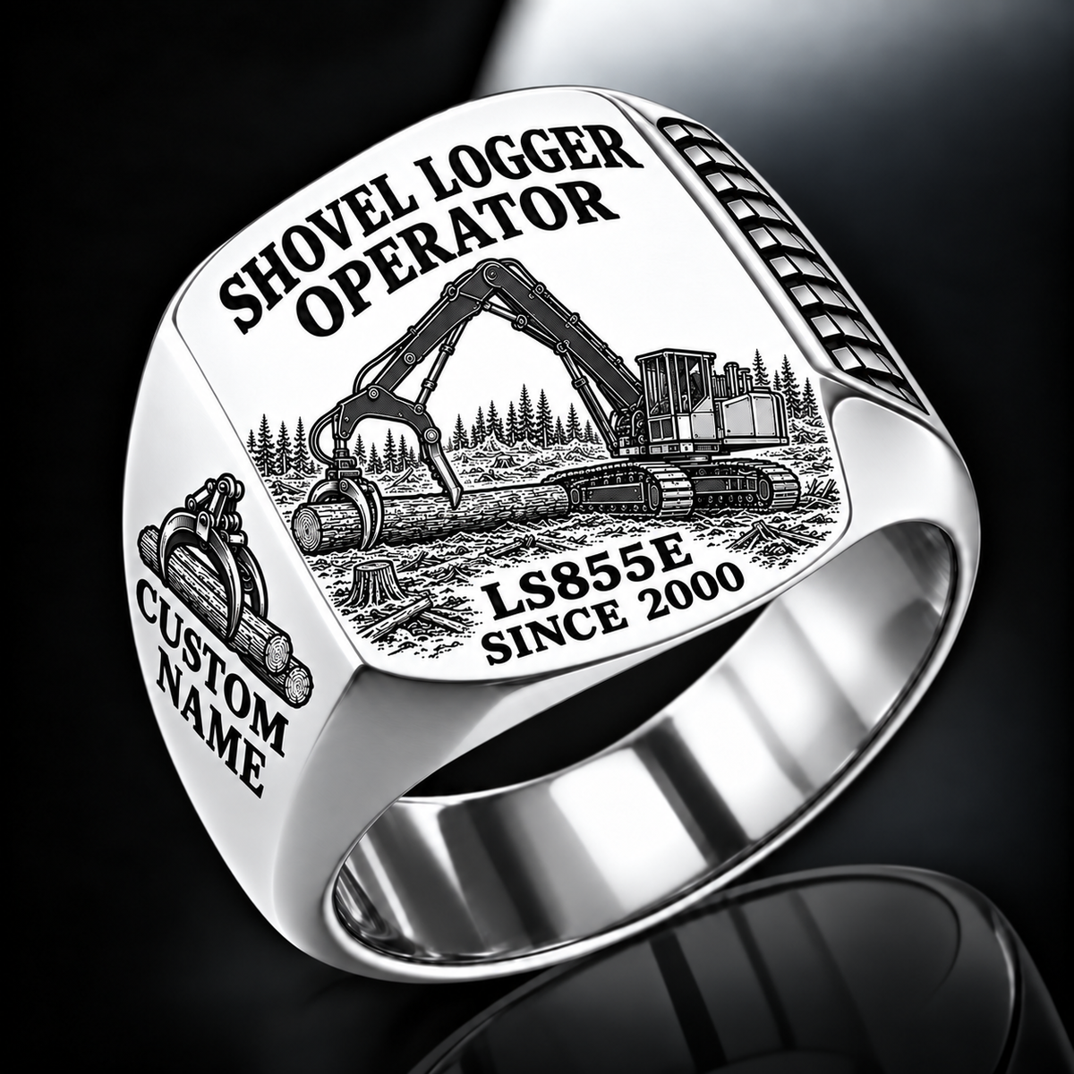 Tigercat LS855E Shovel Logger Operator Ring in Silver finish, flat engraving showing connected live-heel frame and timber grapple supporting a whole stem, CUSTOM NAME and SINCE 2000.