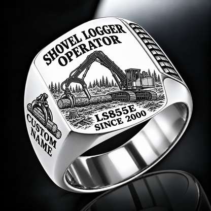 Tigercat LS855E Shovel Logger Operator Ring in Silver finish, flat engraving showing connected live-heel frame and timber grapple supporting a whole stem, CUSTOM NAME and SINCE 2000.