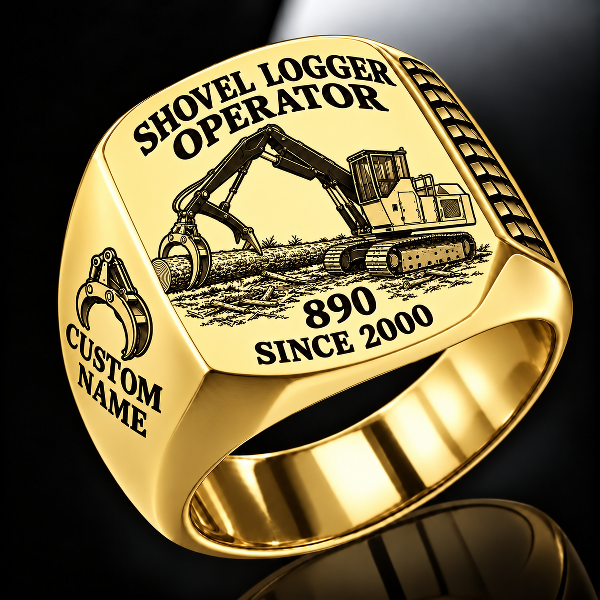 Tigercat 890 Shovel Logger Operator Ring in Gold finish, flat engraving showing connected live-heel frame and timber grapple supporting a whole stem, CUSTOM NAME and SINCE 2000.