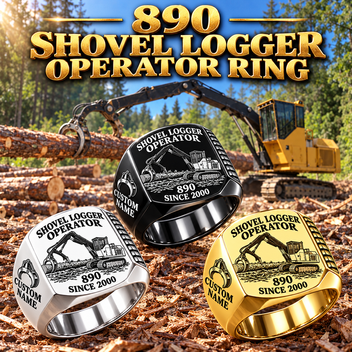 Tigercat 890 Shovel Logger Operator Ring: Silver, Gold and Black signet rings with flat machine engraving, CUSTOM NAME and SINCE 2000.